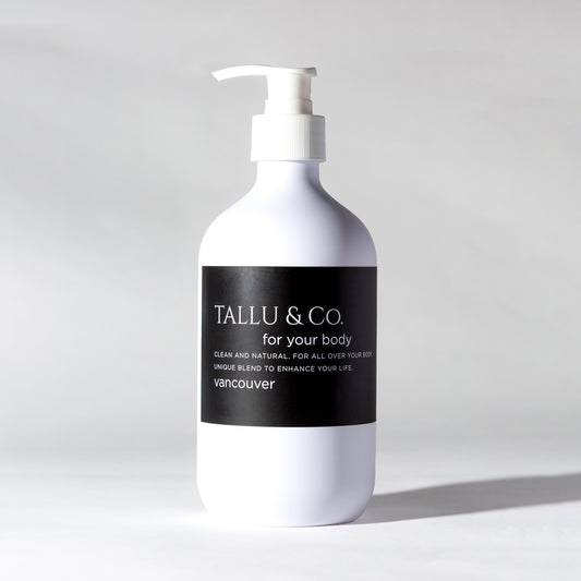 Tallu Hotel Collection, a luxurious, non-toxic bath and body products in a sleek white bottle.